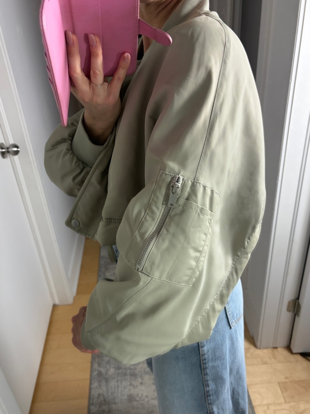 Zara Cropped Bomber Jacket in Sage Green - Picture 5 of 7